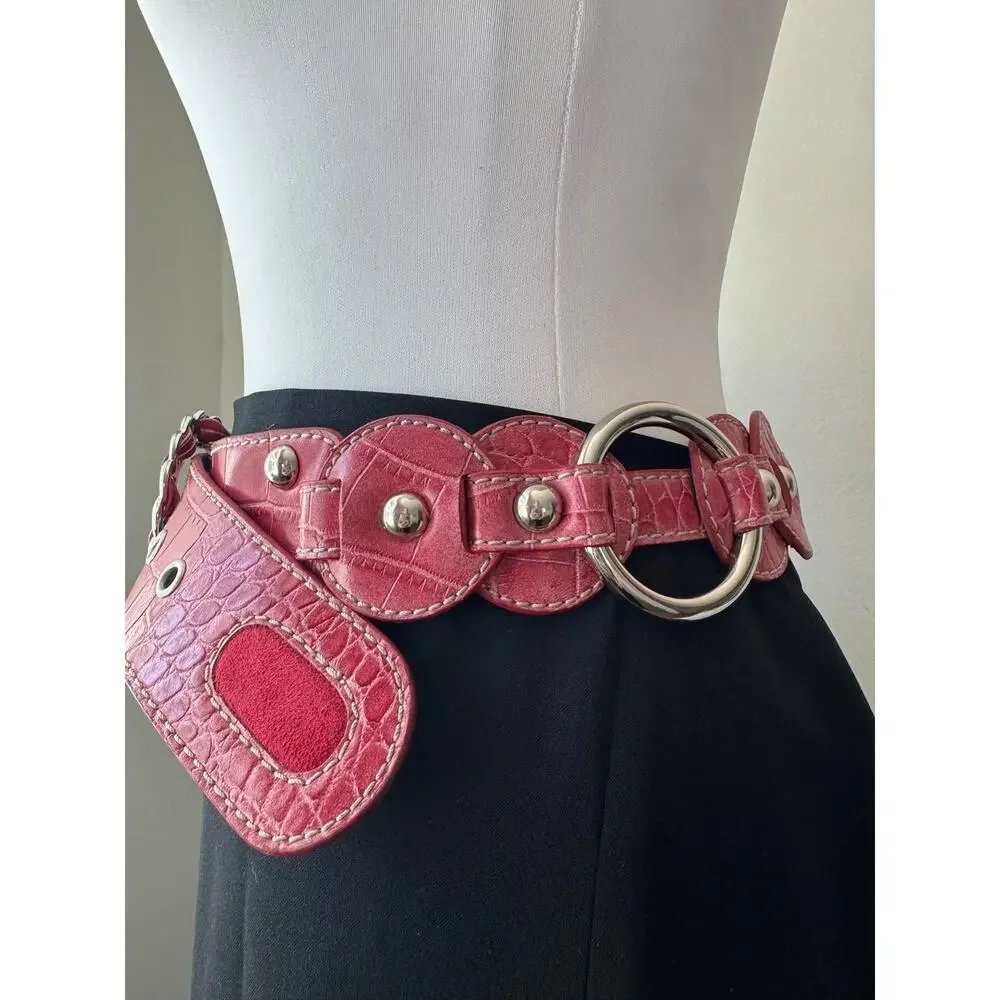 Vintage ‘00s Kathy Van Zeeland Red Faux Crocodile McBling Silver Buckle Belt